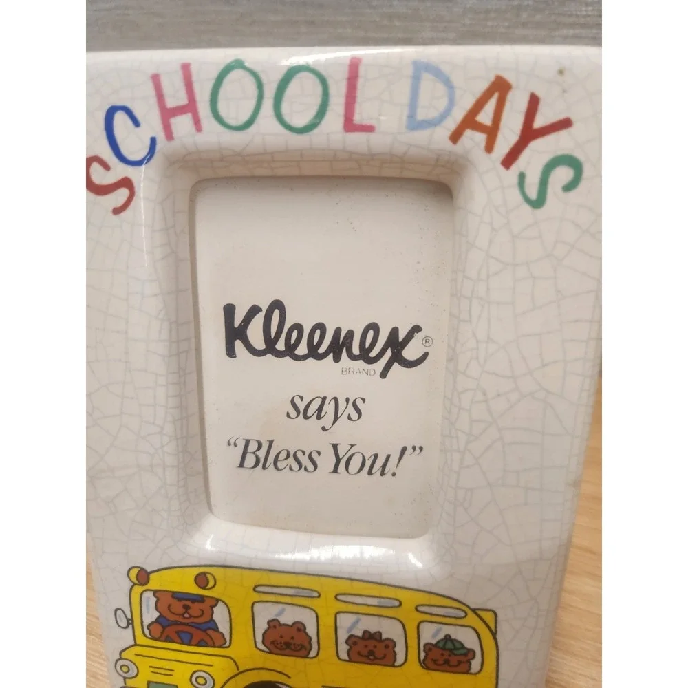 Vintage Russ Berrie And Co. 3.5 X 3.5 SCHOOL‎ DAYS Ceramic Photo Frame Bears Bus